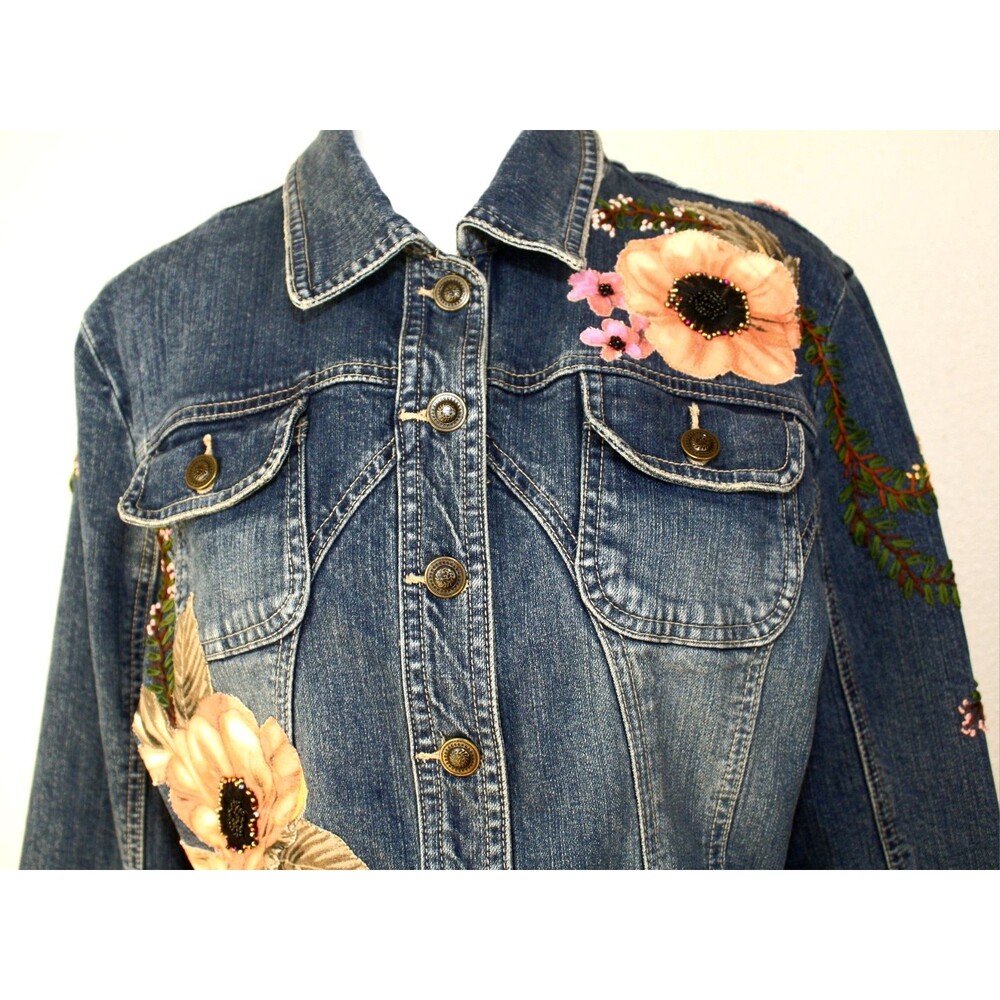 Upcycled OOAK LIVE A LITTLE Denim Jacket Embroidered Beaded Floral Applique XL * - Picture 3 of 13